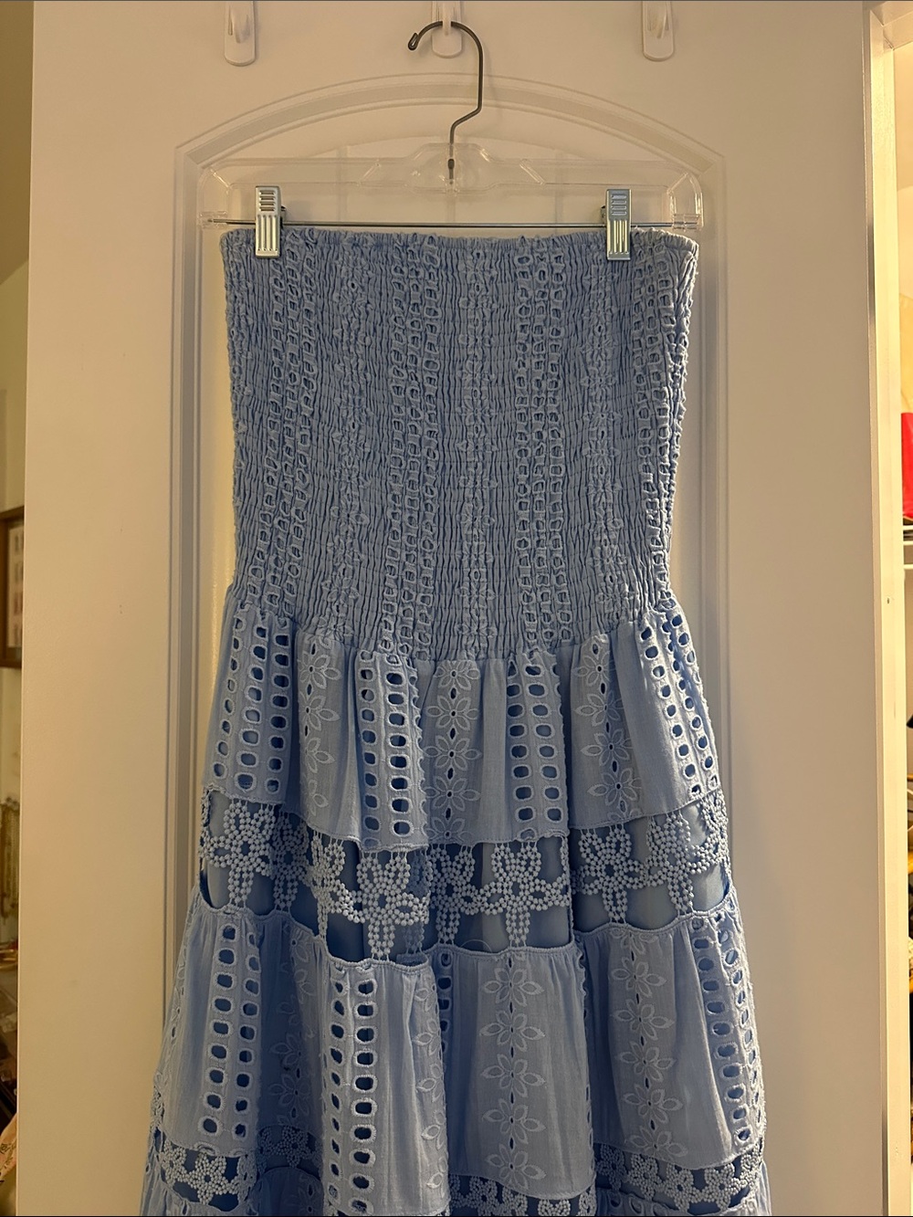 Strapless Eyelet Tiered Dress - Light Blue